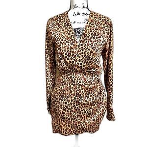ZARA golden dress women Leopard print long sleeve wrap bodycon size M baddie